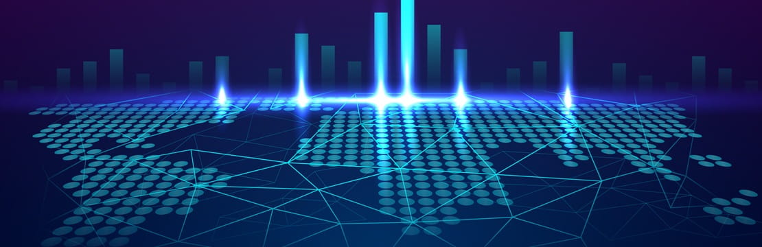 Digital world map with glowing data points and rising bar charts, illustrating how geopolitical conflict can influence global markets.