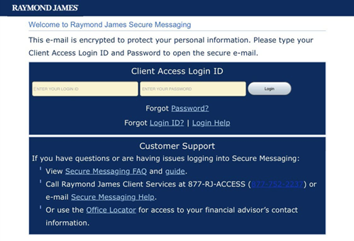 Login screen for secure message